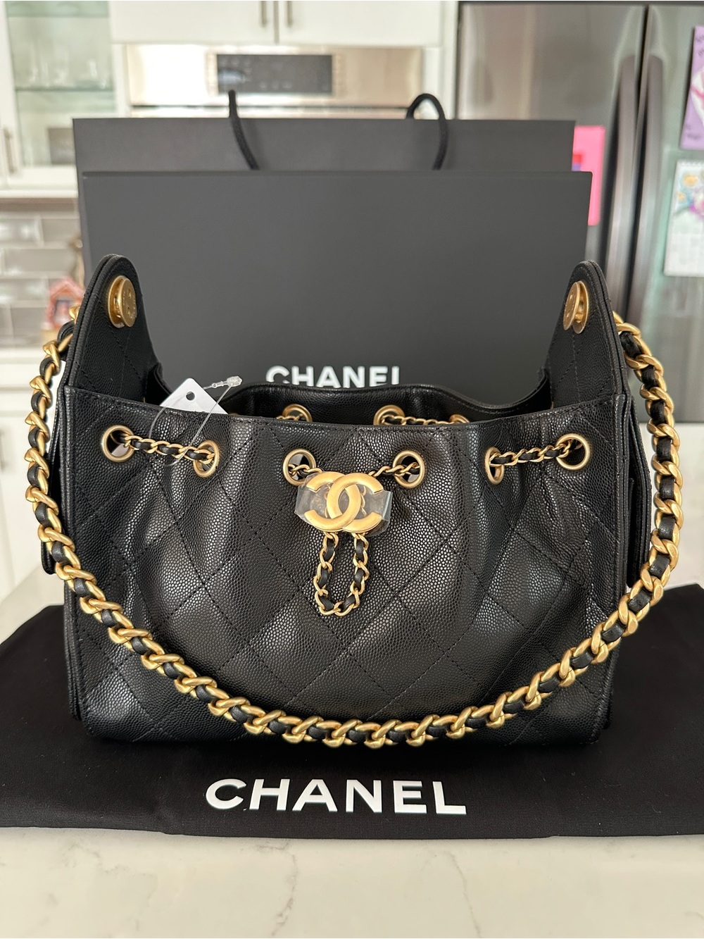 CHANEL 25 MINI Black Quilted Leather Hobo with Gold Chain Trim